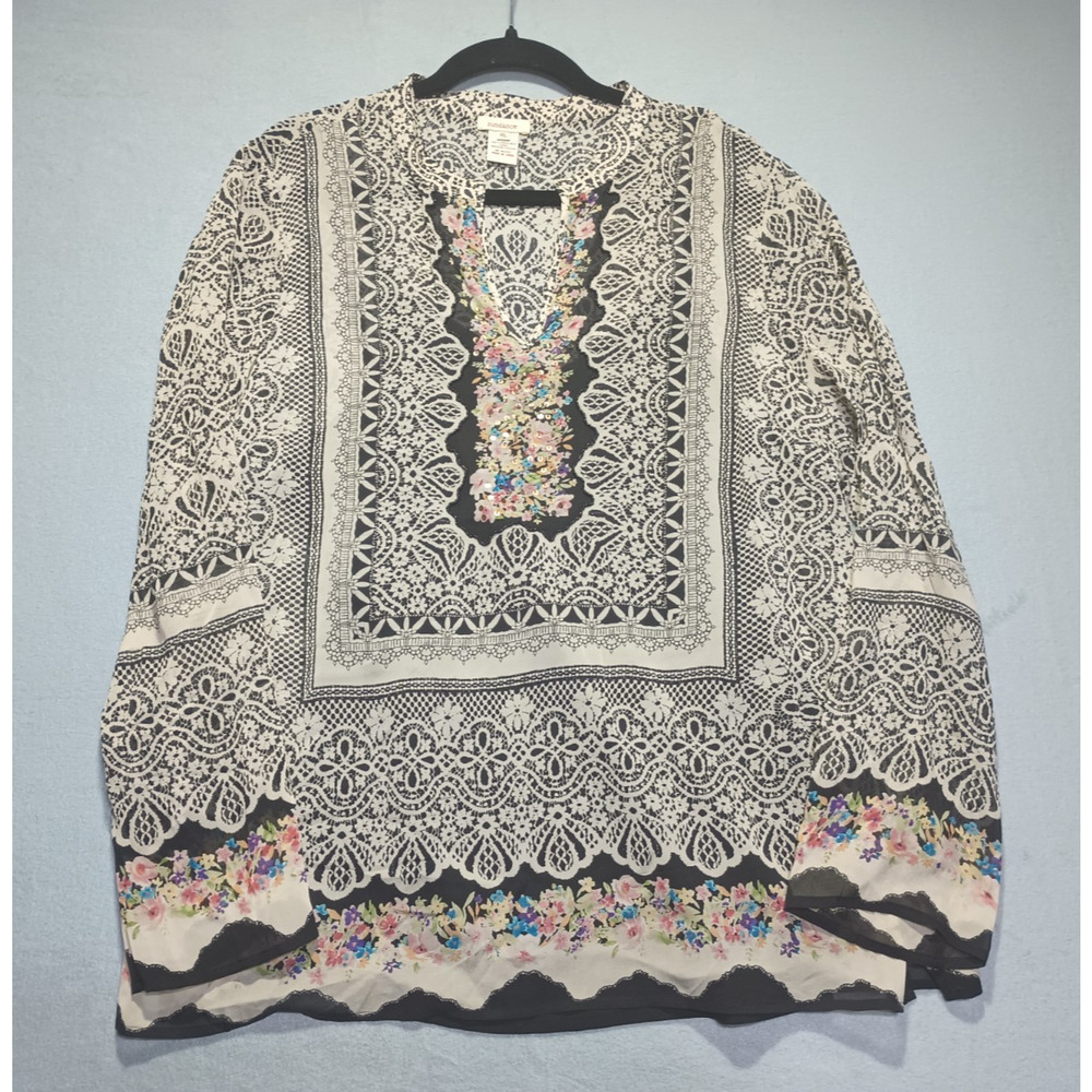 Sundance XL 100% Silk Boho Tunic Blouse Floral Lace Print Sequin Sheer w/ Lining